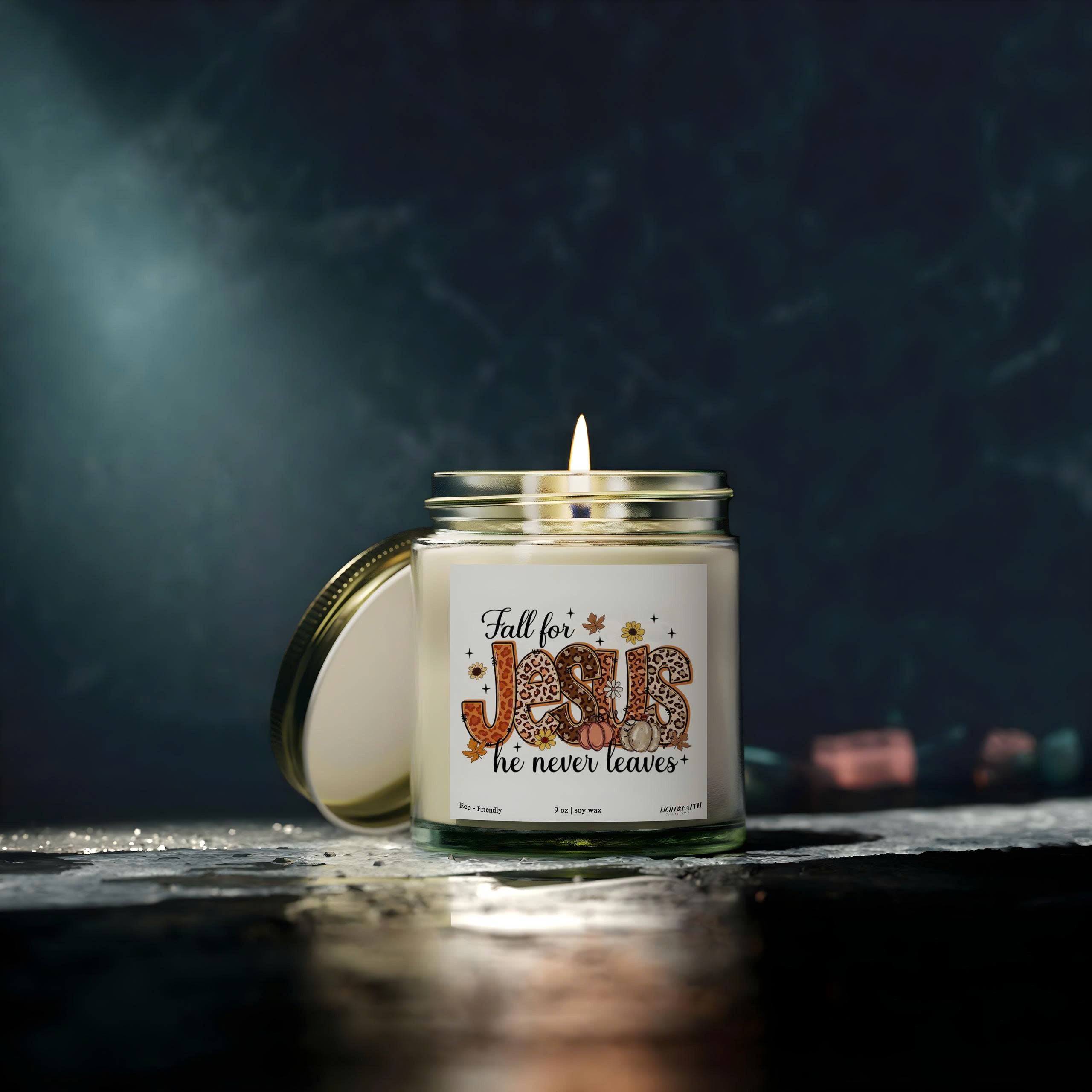Fall for Jesus Candle, Inspirational Bible Verse, He Never Leaves, Autumn Christian Gift, Uplifting Fall Decor CDLAF28